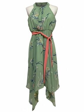 lilt Sage Green Floral Halter Dress with Coral Waist Tie Girls Size 10